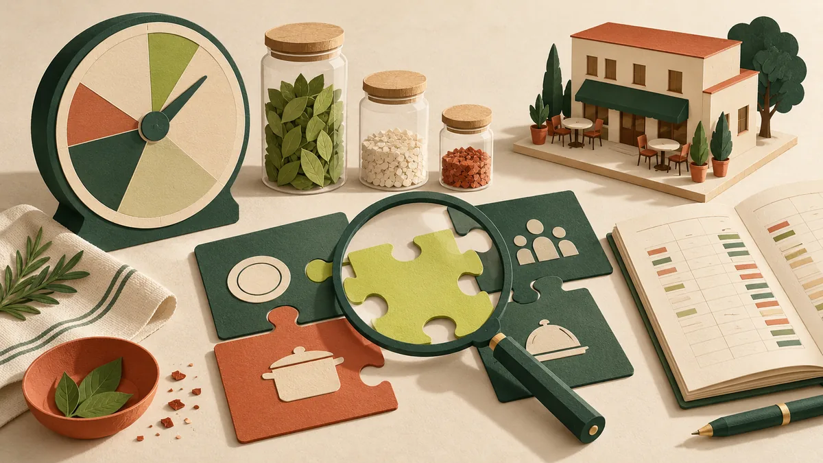 Editorial illustration of a restaurant model, ingredient jars, ledger and magnifying glass examining an operational puzzle piece.